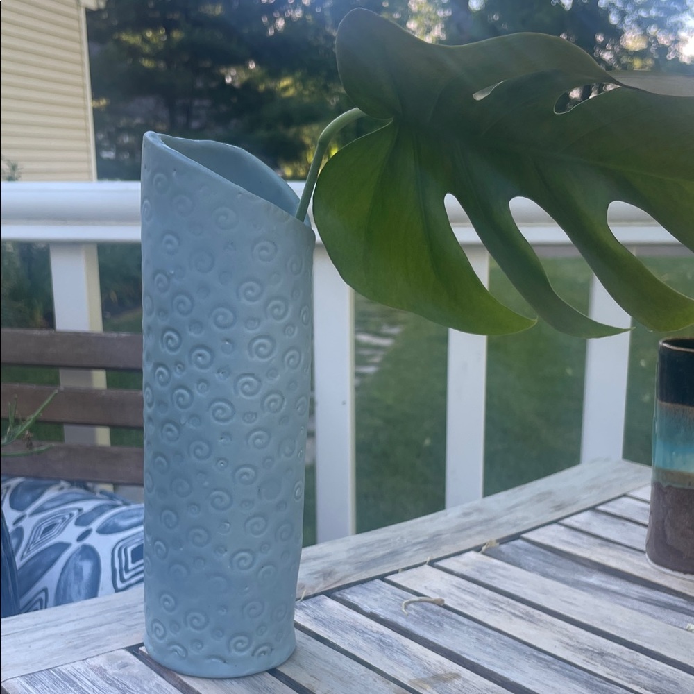 Studio pottery signed unique gorgeous vase Blue Spiral Texture Vase